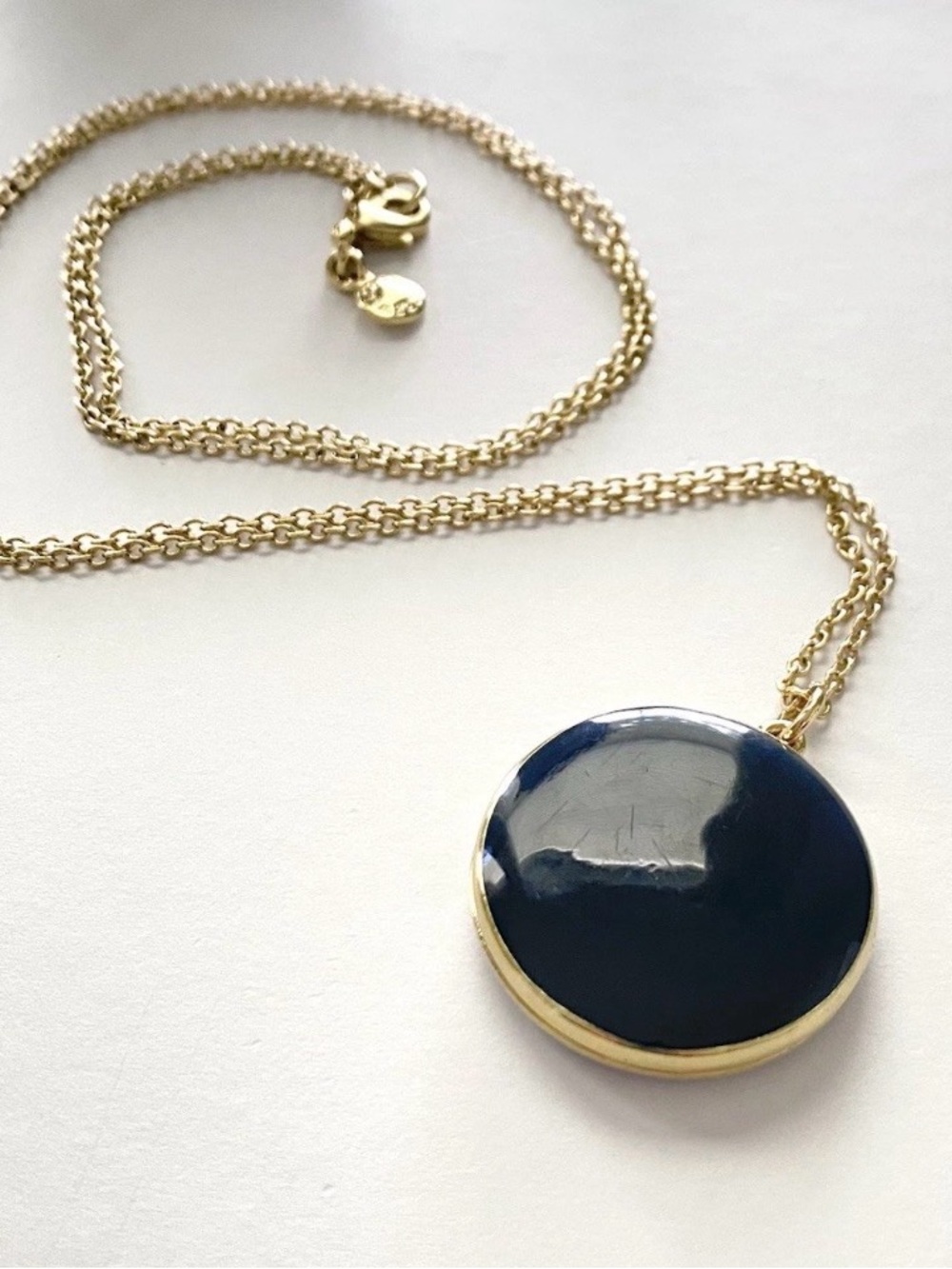 J.Crew Double Side Locket Pendant Necklace Gold Tone Blue Enamel 33" Long 29.01g